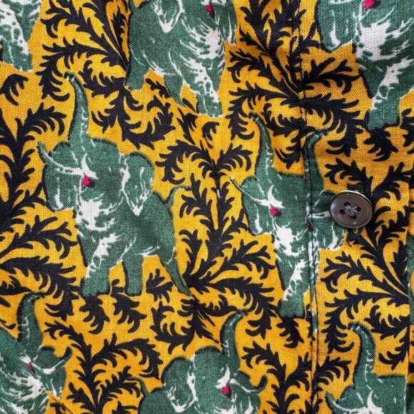 J. Crew Ratti Elephant Print Blouse Woman’s size 14 green off shoulder button up - Picture 5 of 14